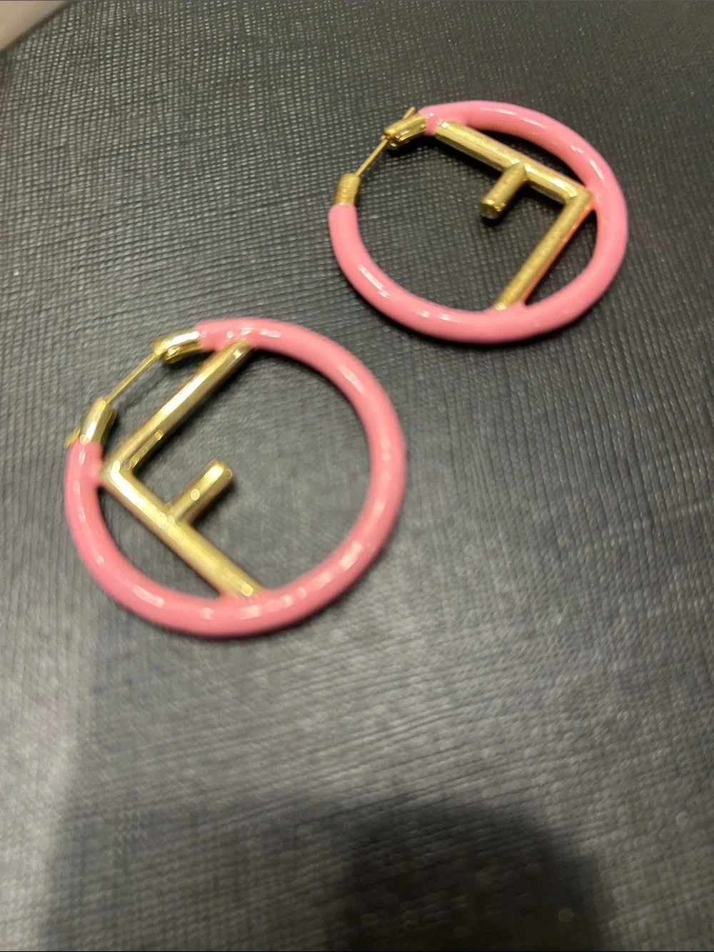 Fendi logo Pink and Gold Hoop Earrings with Enamel Accent